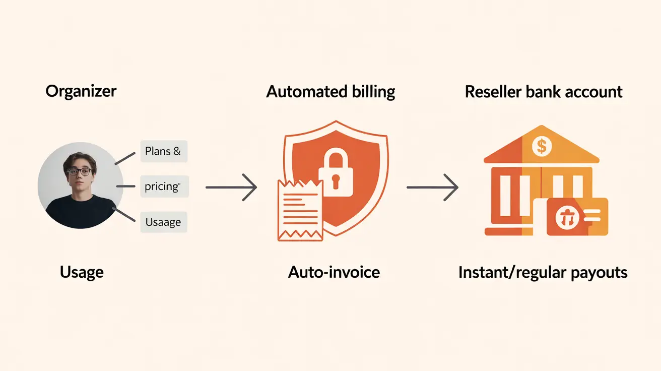 Automated billing charges organizers; payouts go to the reseller’s bank account — secure flow diagram