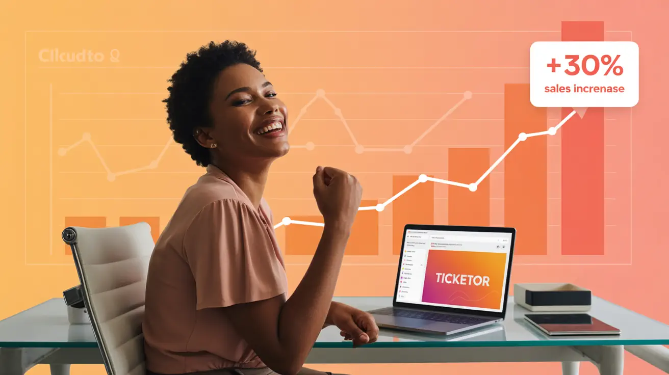 Event organizer celebrating increased ticket sales (+30%) after enabling Share & Earn word-of-mouth marketing on Ticketor