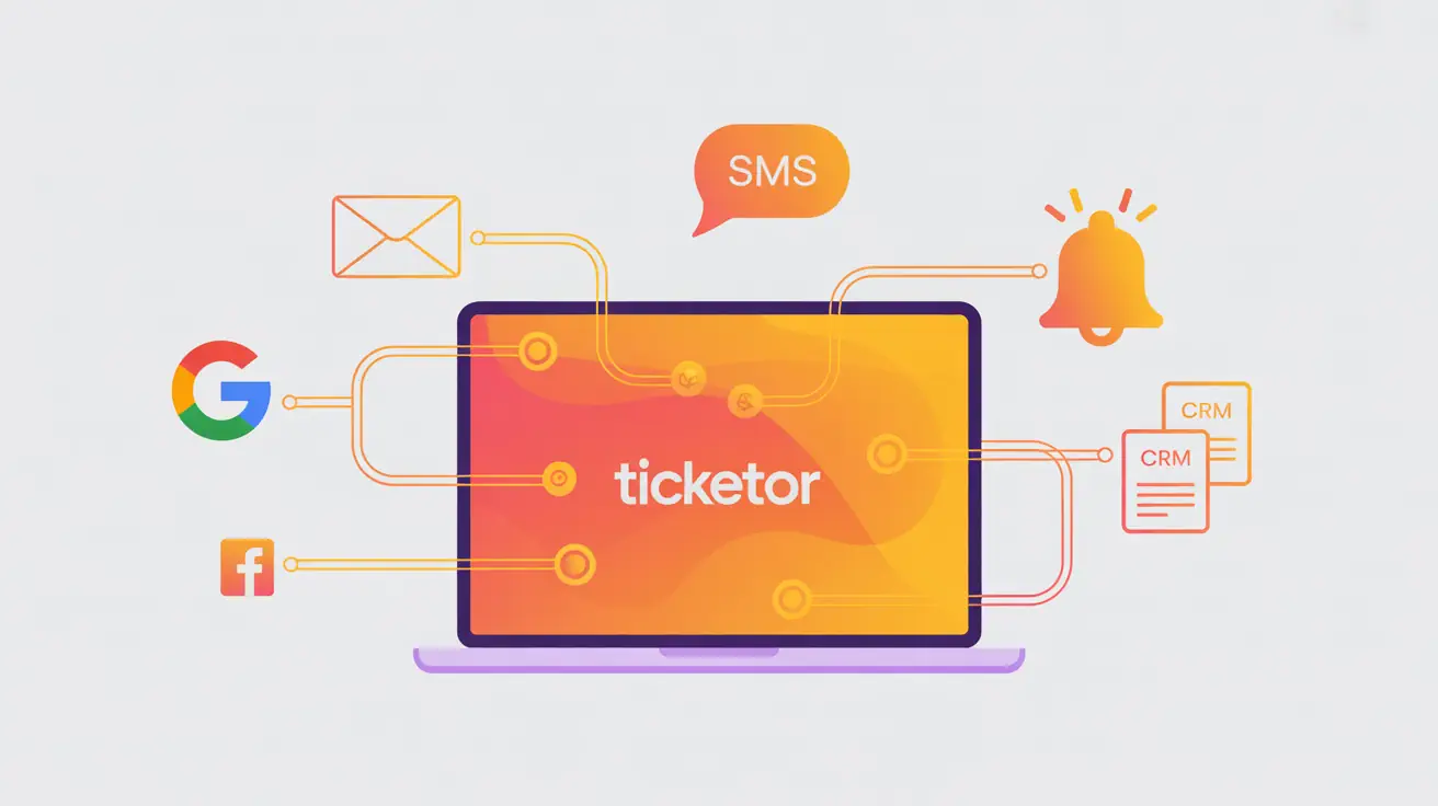 Built-in marketing tools and integrations including newsletter, SMS, push notifications, and analytics