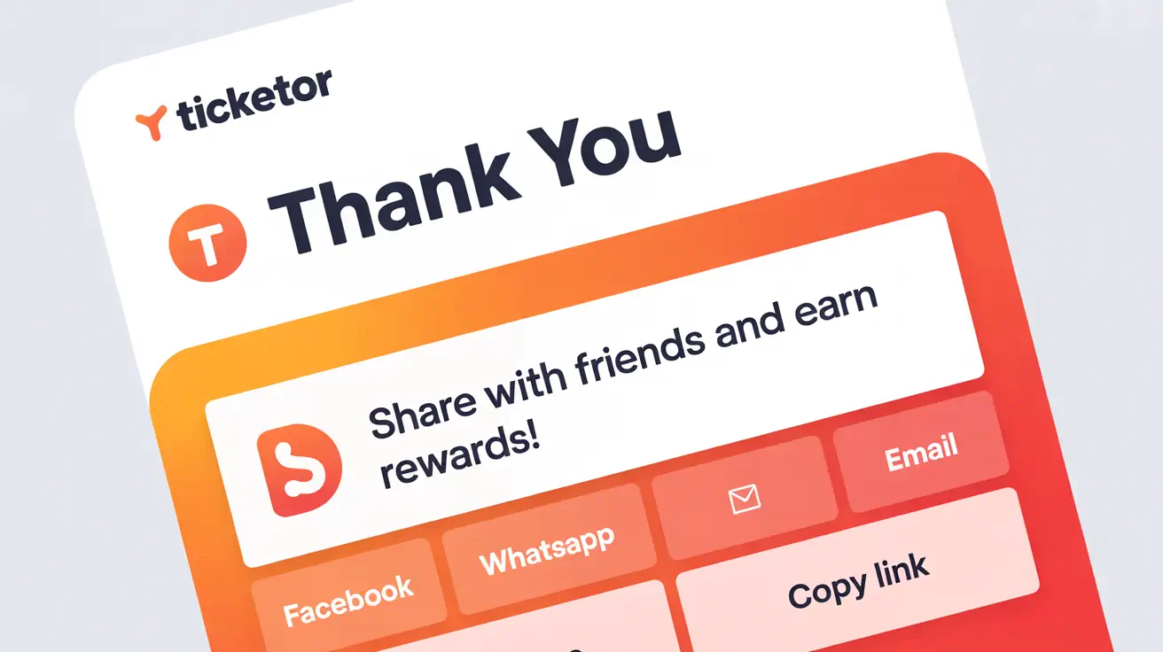 Share & Earn referral link displayed after checkout with one-tap share buttons (Facebook, WhatsApp, Email, Copy Link)
