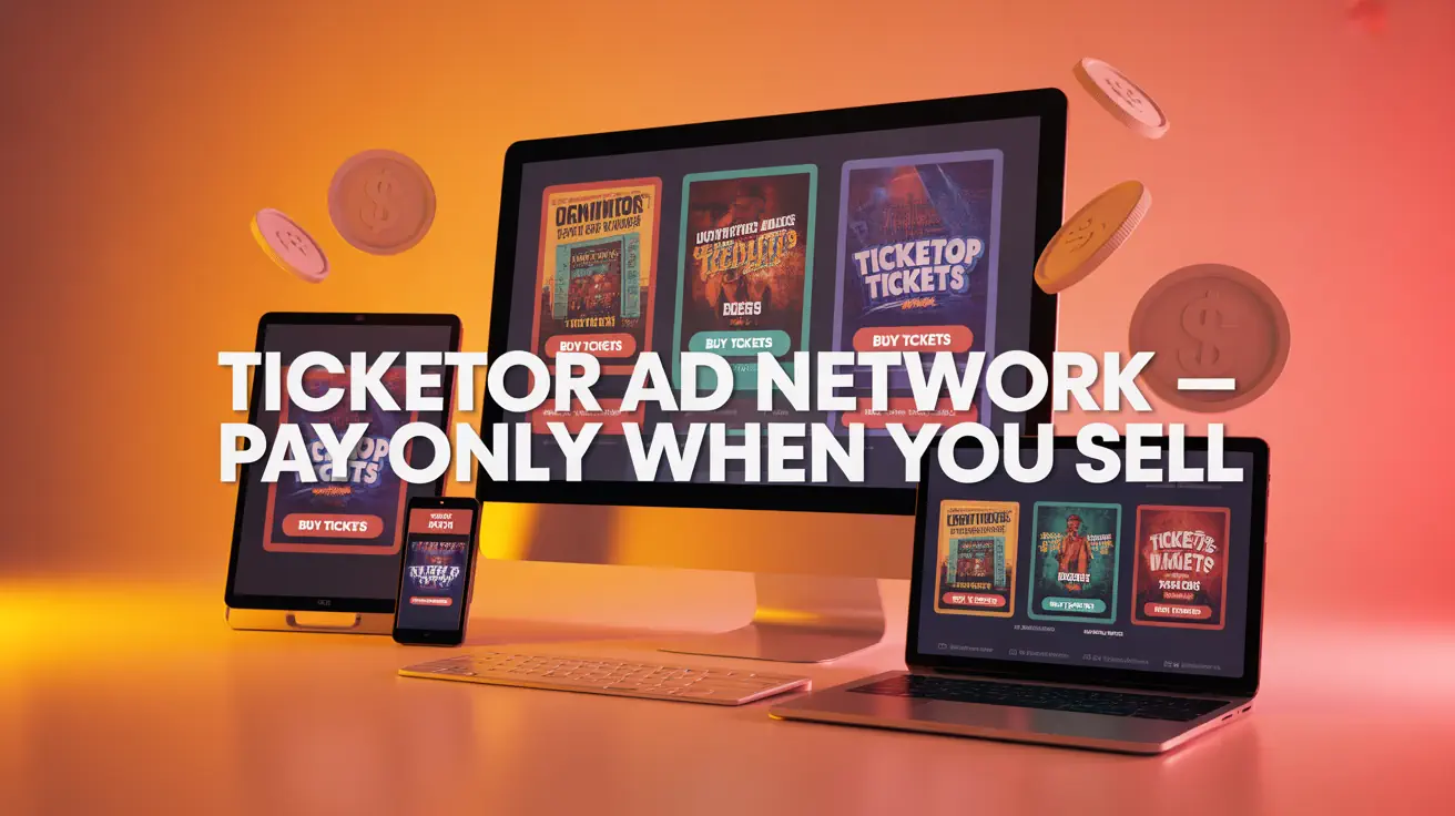 Anuncios del evento en múltiples pantallas que representan la red publicitaria Ticketor, donde los organizadores solo pagan cuando venden entradas.