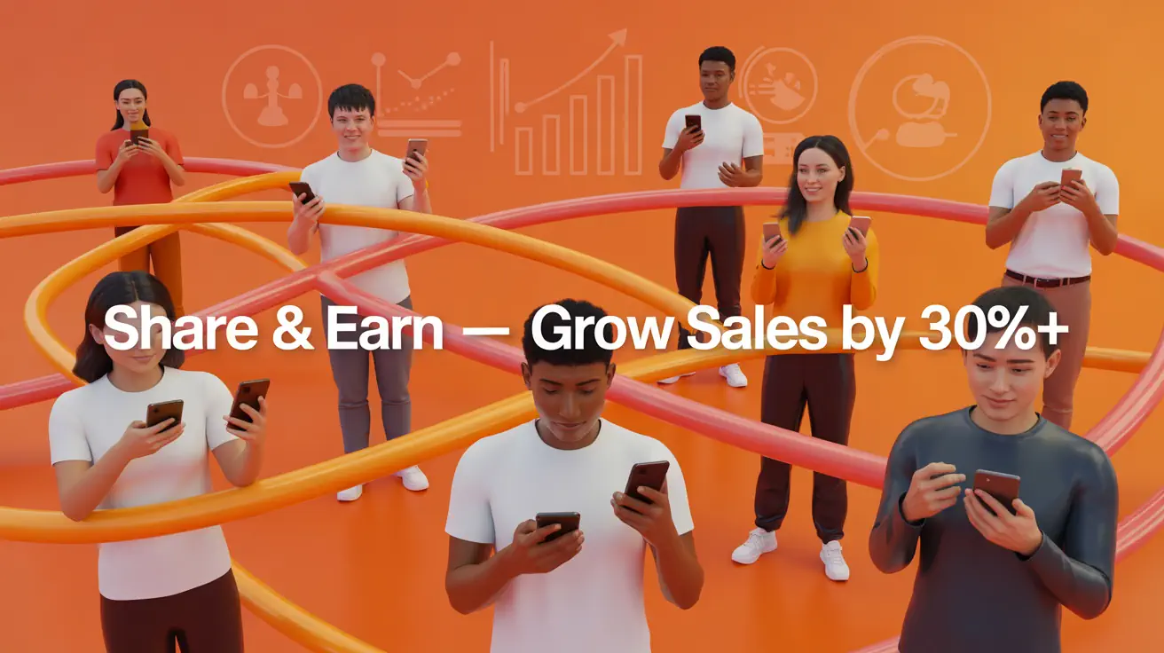 Ilustración de una red de marketing de afiliados y de boca en boca que incrementa la venta de entradas a través del programa Ticketor Share & Earn.