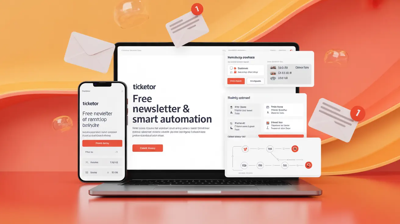 Panel de control de marketing por correo electrónico de Ticketor que muestra la automatización gratuita de boletines informativos, las tasas de apertura, los recordatorios de eventos y los mensajes de agradecimiento.