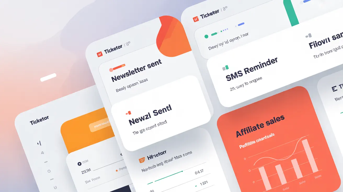Ticketor marketing dashboard showing email newsletter, SMS reminders, and affiliate sales tools to increase ticket sales.