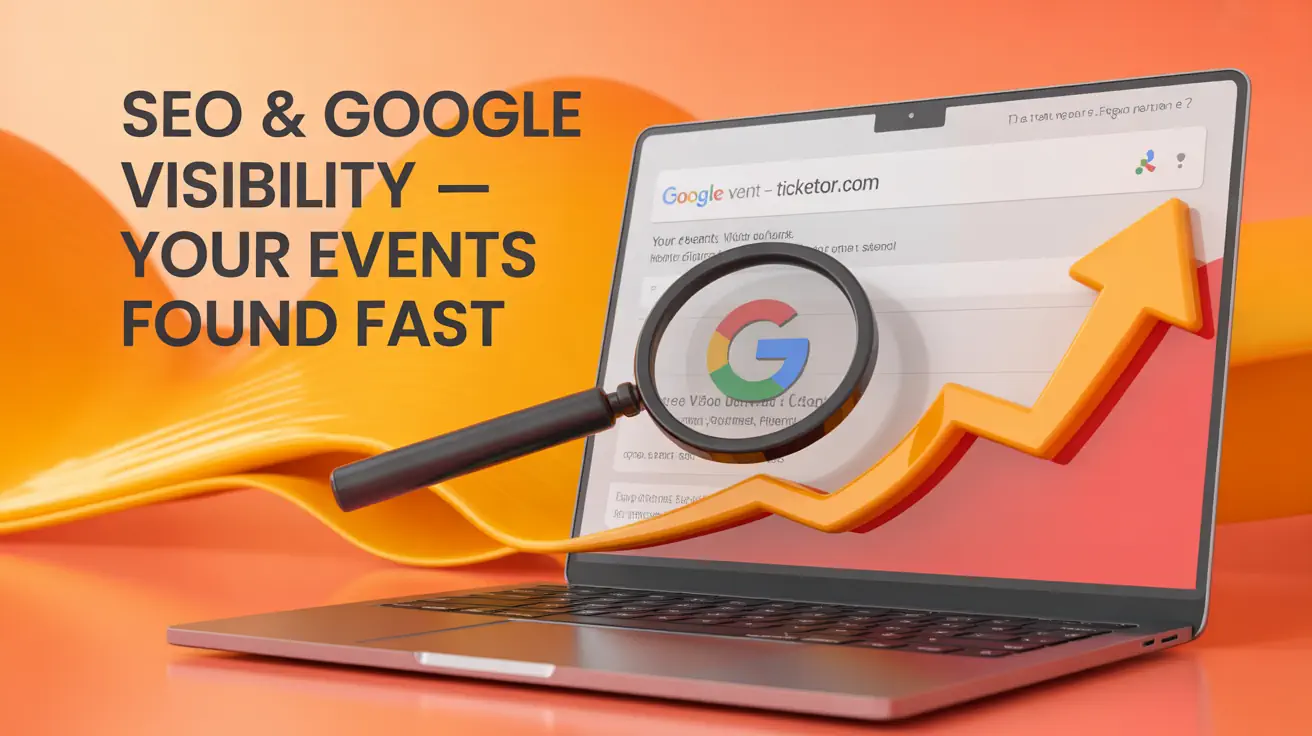 Portátil mostrando el panel de control SEO de Ticketor, la ficha del evento en Google y un gráfico de análisis ascendente que representa una rápida visibilidad en las búsquedas.