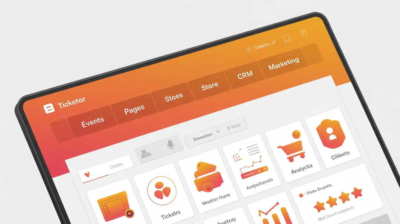 Unified dashboard showing events, store, CRM, and marketing tools in Ticketor Website Builder